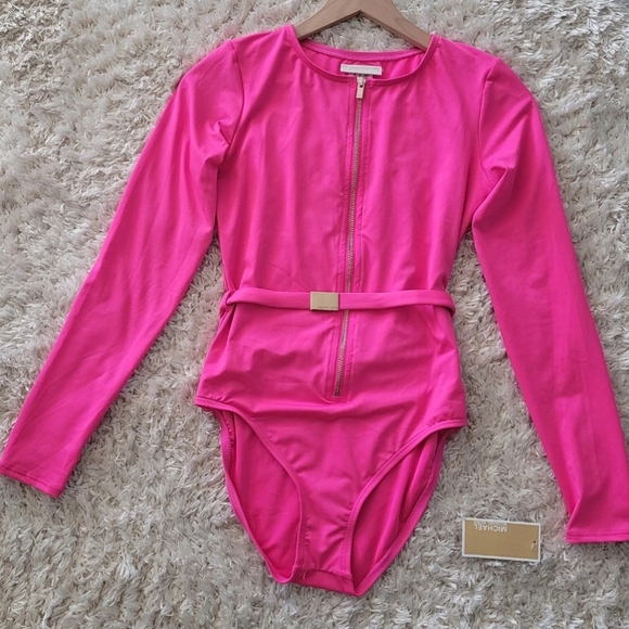 Michael Kors Pink long Sleeve Zip Up Logo Belt One Piece Paddle Swimsuit Size 8 - Picture 1 of 16